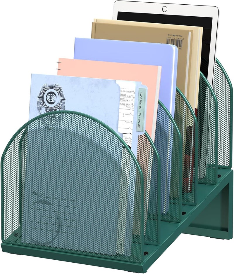 OUTIOE 5-Section Desk File Organizer, Metal Mesh Folder Organizer for Documents, Mail & Office Papers (Green) - Image 1